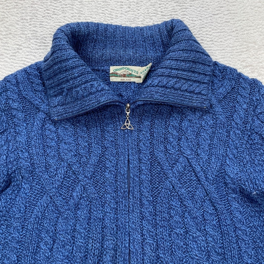 Aran Crafts Cable Knit Cardigan Womens XL 100% Merino Wool, Celtic‎ Blue - Picture 2 of 7